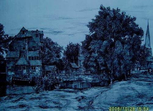 「钢笔画：池塘边」というタイトルの絵画 云阳 王によって, オリジナルのアートワーク, オイル