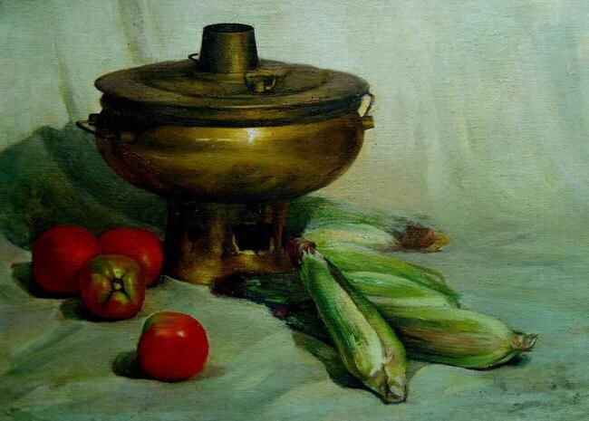 绘画 标题为“油画静物：器皿食物” 由云阳 王, 原创艺术品, 油