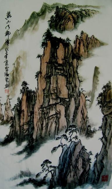 绘画 标题为“国画山水：黄山天都峰” 由云阳 王, 原创艺术品, 油