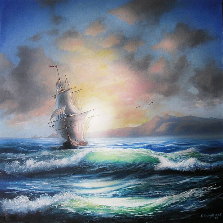 Картина под названием "Рассвет в море. Авт…" - Юрий Черняк, Подлинное произведение искусства, Масло