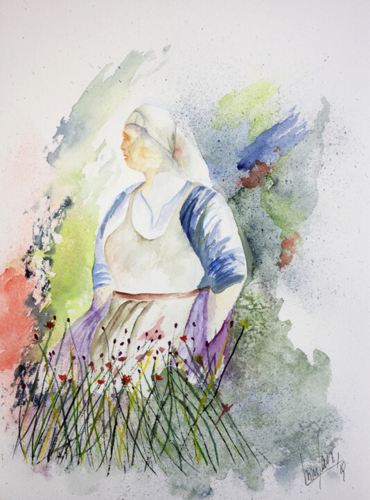 Painting titled "La contadina" by Yūrei, Original Artwork, Watercolor