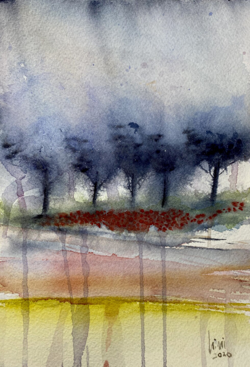 Painting titled "Gli alberi blu" by Yūrei, Original Artwork, Watercolor