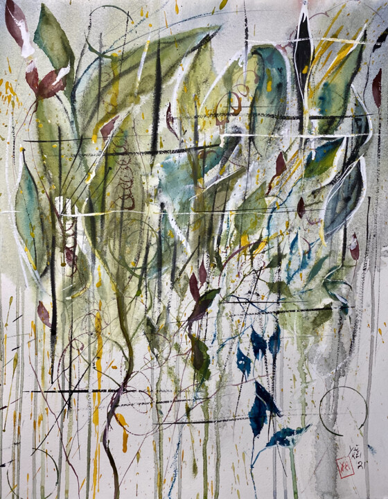 Pittura intitolato "Le foglie" da Yūrei, Opera d'arte originale, Acquarello