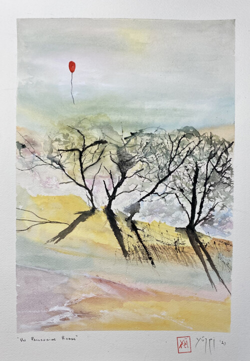 Painting titled "Un palloncino rosso" by Yūrei, Original Artwork, Watercolor