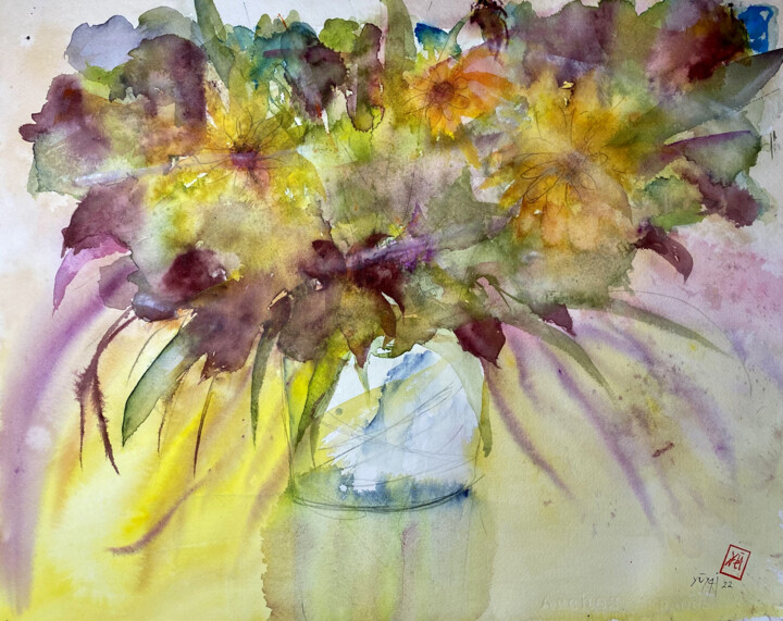 Painting titled "Tre fiori gialli" by Yūrei, Original Artwork, Watercolor