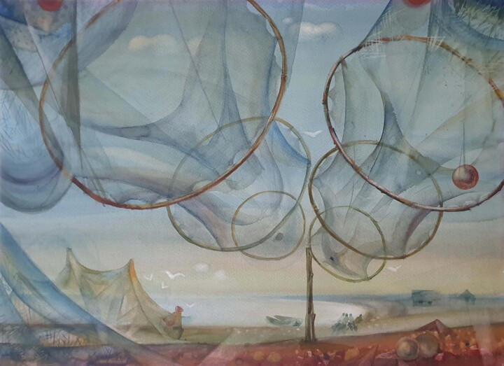 Peinture intitulée "Fishermen's Shore" par Yuri  And  Irina Gretsky, Œuvre d'art originale, Aquarelle