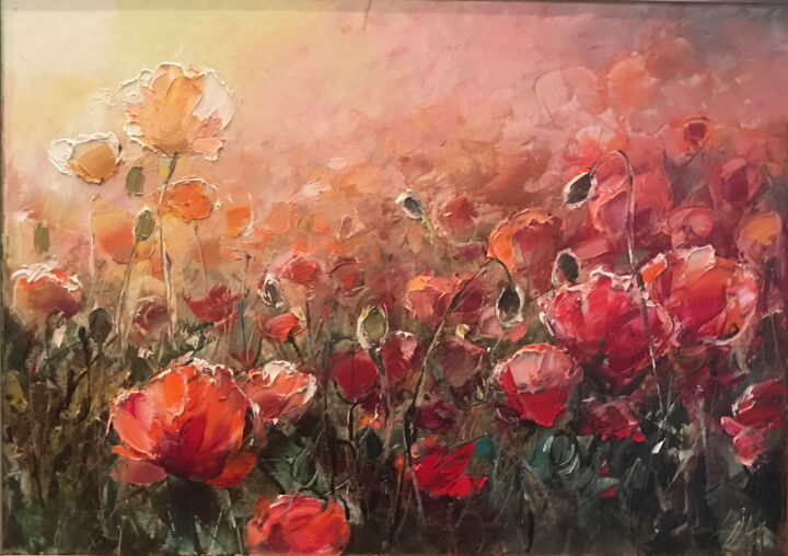 Painting titled "poppies feild" by Yuri Kovachev, Original Artwork, Oil Mounted on Wood Stretcher frame
