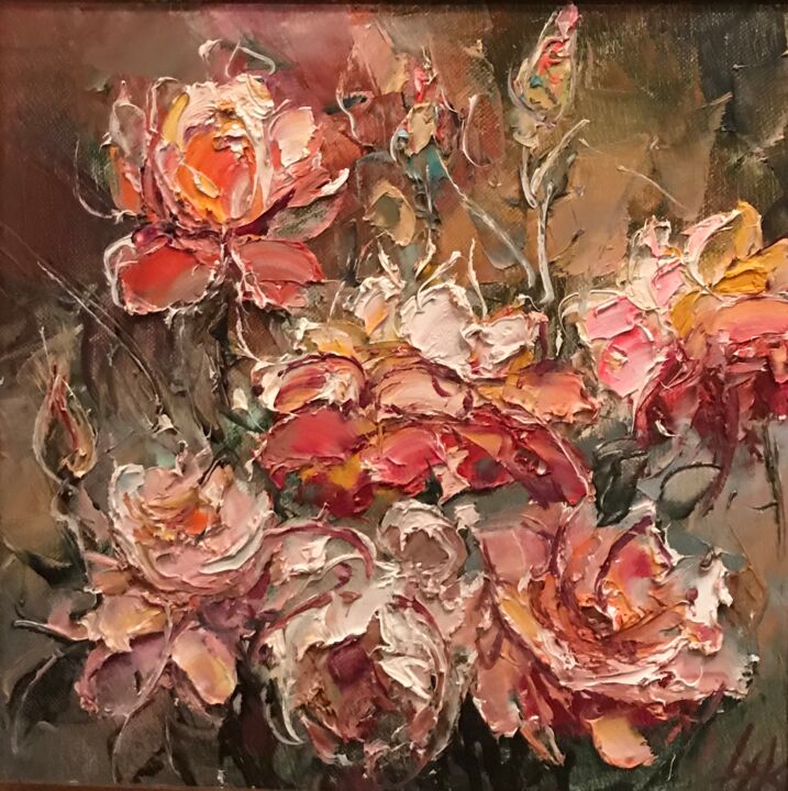 Painting titled "Roses" by Yuri Kovachev, Original Artwork, Oil Mounted on Wood Stretcher frame