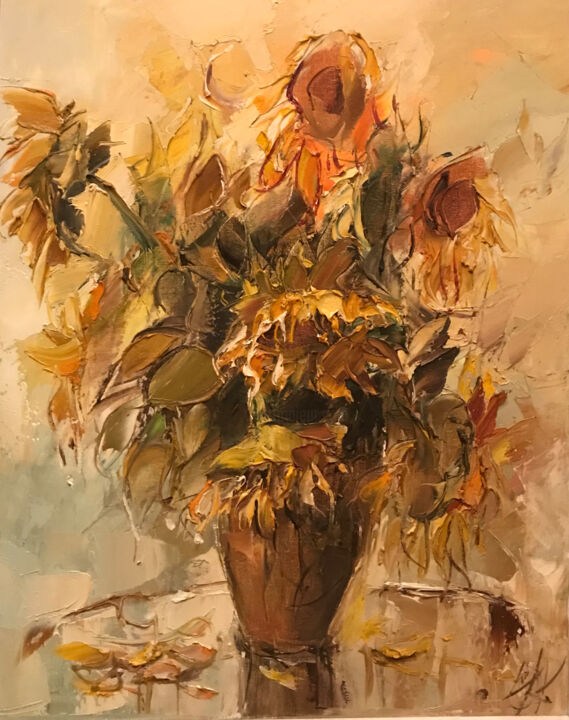 Painting titled "sunflowers" by Yuri Kovachev, Original Artwork, Oil Mounted on Wood Stretcher frame