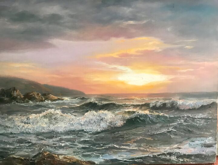 Painting titled "black sea morning" by Yuri Kovachev, Original Artwork, Oil Mounted on Wood Stretcher frame