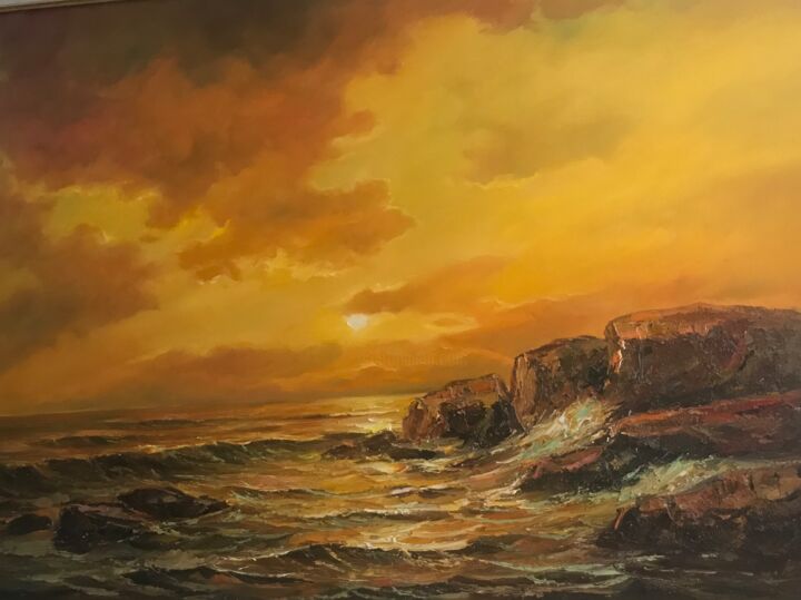Painting titled "rocks in the sea" by Yuri Kovachev, Original Artwork, Oil Mounted on Wood Stretcher frame