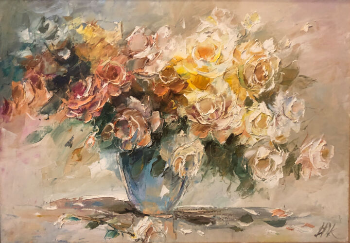 Painting titled "magnifiques roses" by Yuri Kovachev, Original Artwork, Oil Mounted on Wood Stretcher frame
