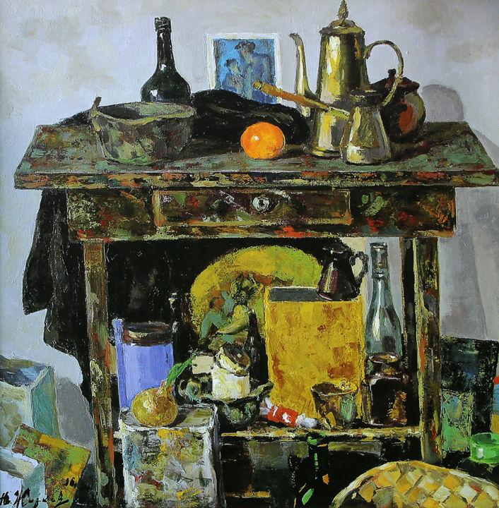 Pintura titulada "Artist's Desk" por Yuri Zharkov, Obra de arte original, Oleo
