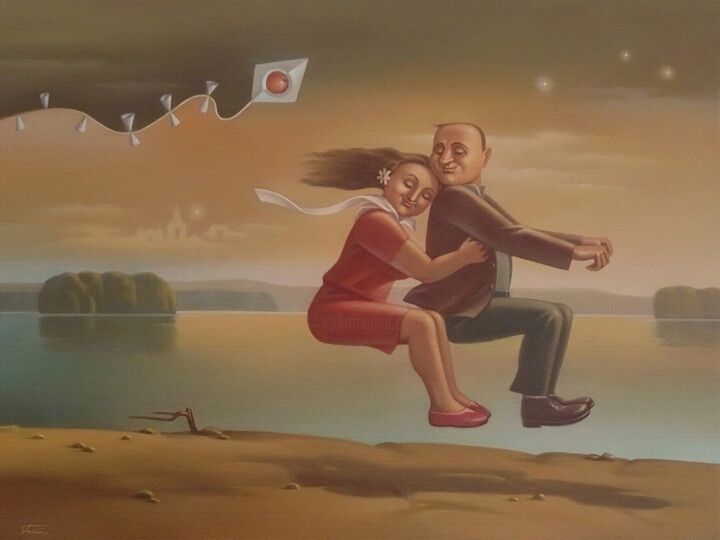 Painting titled "Traveling with the…" by Yuri Tabachnik, Original Artwork, Oil Mounted on Wood Stretcher frame