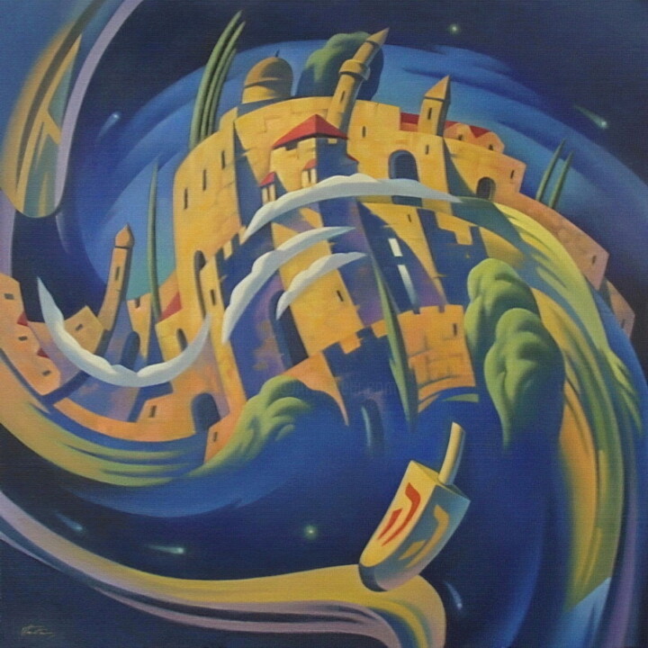 Painting titled "Jerusalem’s spinnin…" by Yuri Tabachnik, Original Artwork, Oil Mounted on Wood Stretcher frame