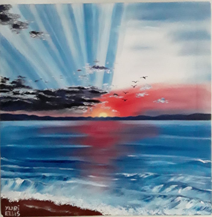 Painting titled "sunset beach 2" by Yuri Ellis, Original Artwork, Oil