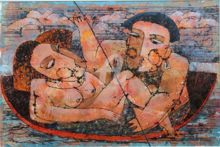 Отпечатки и Гравюры под названием "Two in a boat" - Yuri Pshenichny, Подлинное произведение искусства, Монотип
