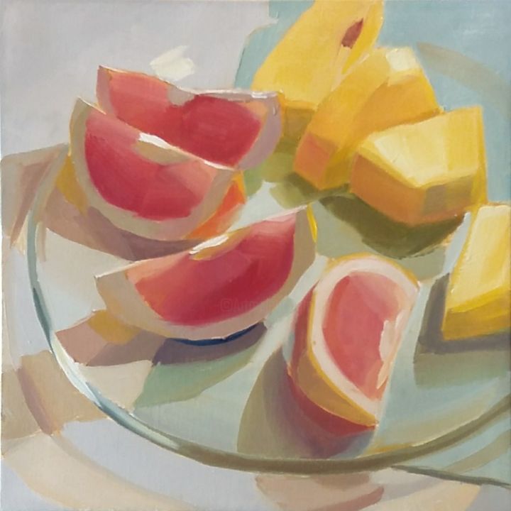 Painting titled "Grapefruits and Pin…" by Yuri Tayshete, Original Art, Oil Mounted on Stretcher frame
