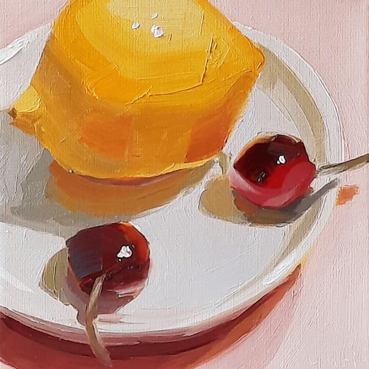Painting titled "Lemon and Two Cherr…" by Yuri Tayshete, Original Artwork, Oil