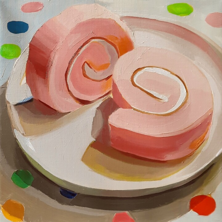 Картина под названием "Pink Rollcake on Wh…" - Yuri Tayshete, Подлинное произведение искусства, Масло