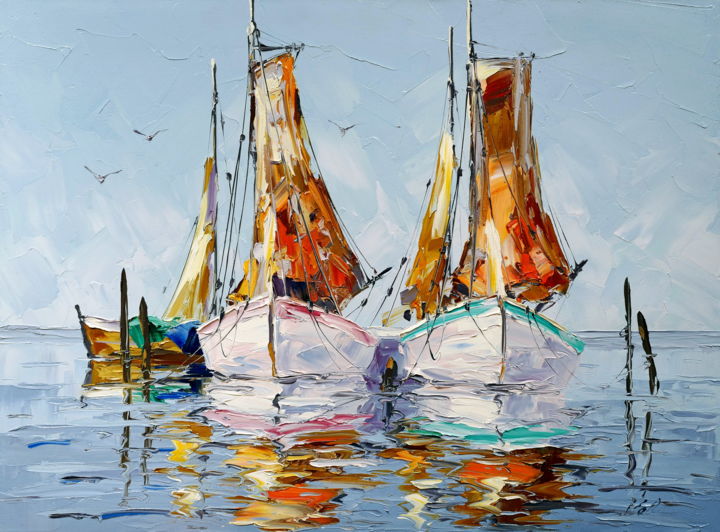 Painting titled "Две лодки" by Yuriy H, Original Artwork, Oil