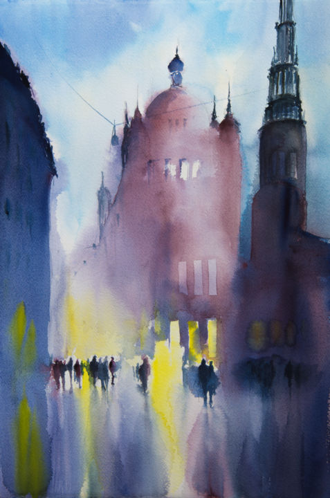 Malerei mit dem Titel "Kopenhagen impressi…" von Yuriy Kraft, Original-Kunstwerk, Aquarell