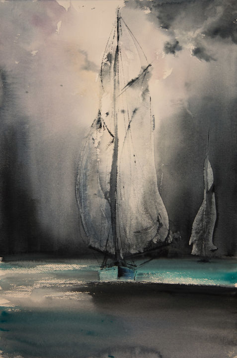 Peinture intitulée "Sailing I" par Yuriy Kraft, Œuvre d'art originale, Aquarelle