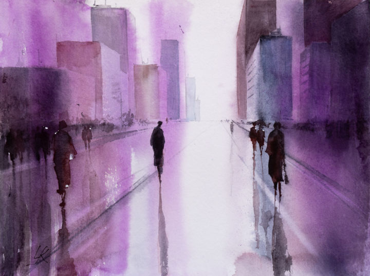 Painting titled "Breathing City V" by Yuriy Kraft, Original Artwork, Watercolor