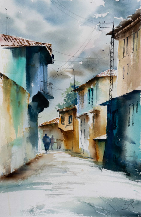 Malerei mit dem Titel "Village, Croatia" von Yuriy Kraft, Original-Kunstwerk, Aquarell