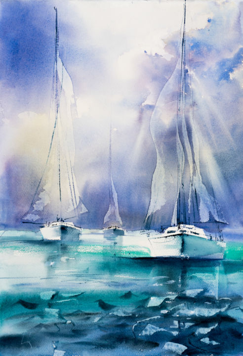 Painting titled "Sailing VIII" by Yuriy Kraft, Original Artwork, Watercolor