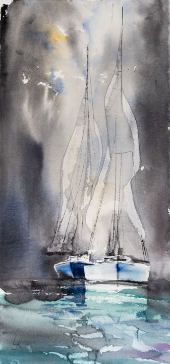 Painting titled "***Sailing VI***" by Yuriy Kraft, Original Art, Watercolor