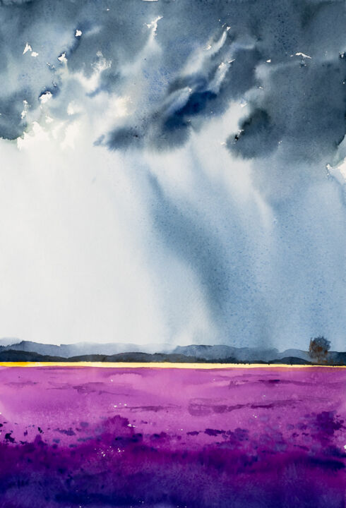 Peinture intitulée "***lilac fields nea…" par Yuriy Kraft, Œuvre d'art originale, Aquarelle