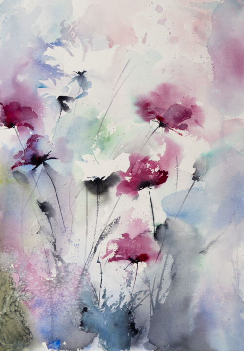 Malerei mit dem Titel "***Flowers comp III…" von Yuriy Kraft, Original-Kunstwerk, Aquarell