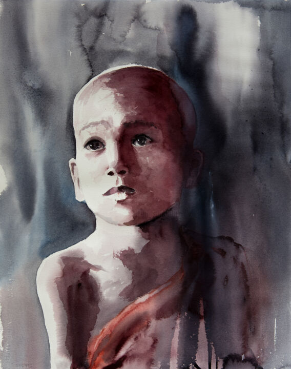 Painting titled "***Little Monk***" by Yuriy Kraft, Original Artwork, Watercolor