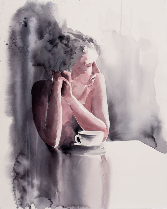 Malerei mit dem Titel "***Kaffepause***" von Yuriy Kraft, Original-Kunstwerk, Aquarell