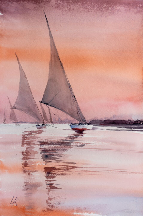Peinture intitulée "***Sailing, Egypt***" par Yuriy Kraft, Œuvre d'art originale, Aquarelle