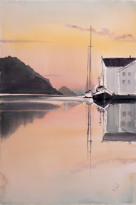 Painting titled "***Im Bootshafen***" by Yuriy Kraft, Original Artwork, Watercolor
