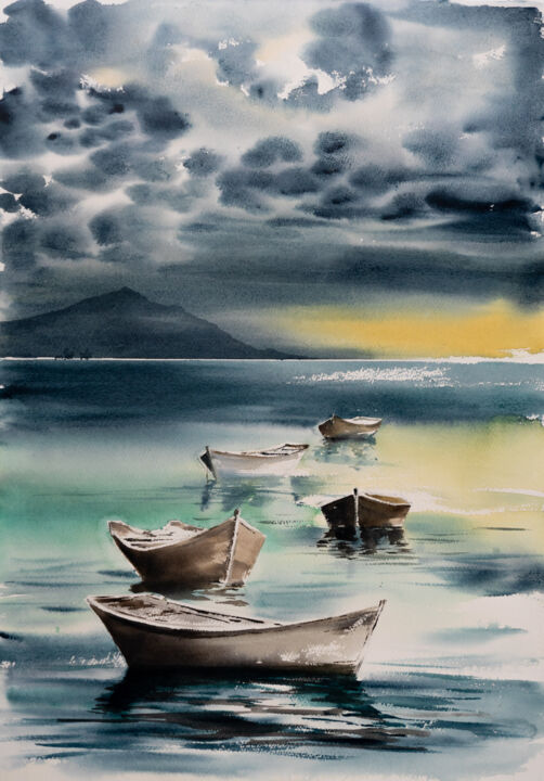 Pintura intitulada "***Boats II***" por Yuriy Kraft, Obras de arte originais, Aquarela