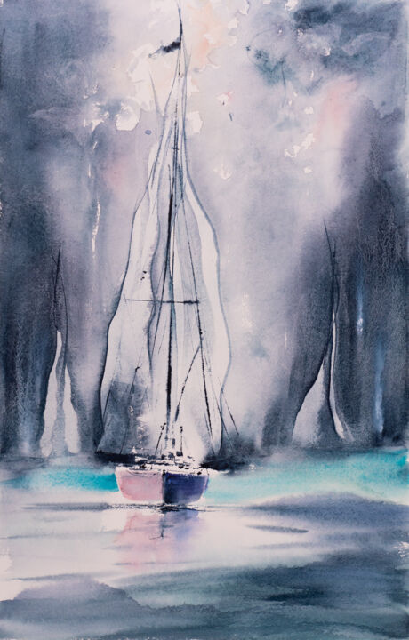 Painting titled "***Sailing XVI***" by Yuriy Kraft, Original Artwork, Watercolor