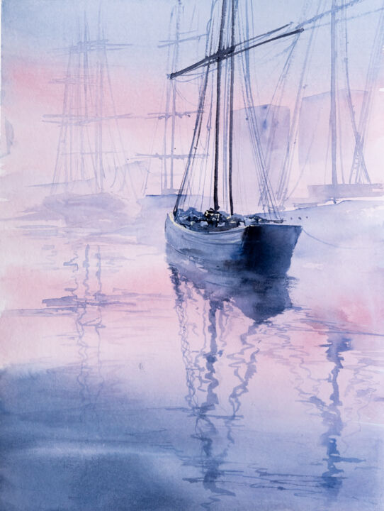Malarstwo zatytułowany „***Morning harbour*…” autorstwa Yuriy Kraft, Oryginalna praca, Akwarela