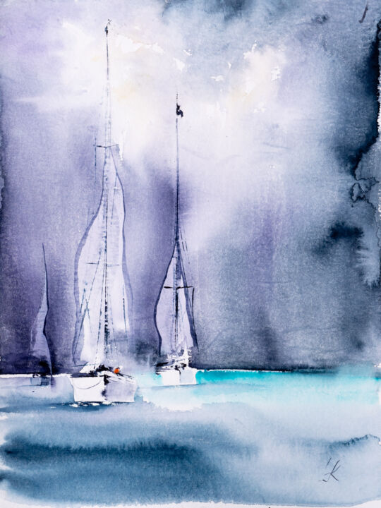 Painting titled "***Sailing V***" by Yuriy Kraft, Original Artwork, Watercolor