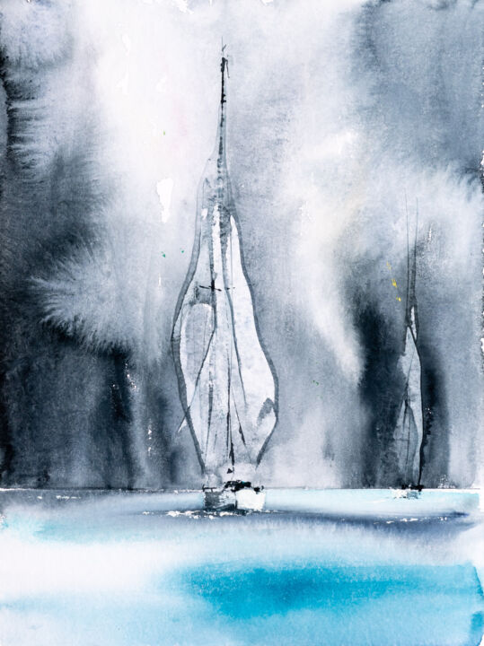 Malerei mit dem Titel "***Sailing XX***" von Yuriy Kraft, Original-Kunstwerk, Aquarell