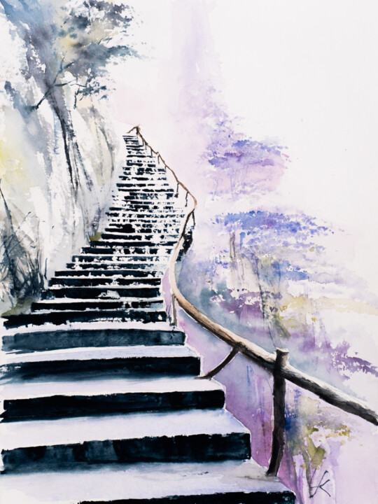 Malerei mit dem Titel "***Stairway***" von Yuriy Kraft, Original-Kunstwerk, Aquarell