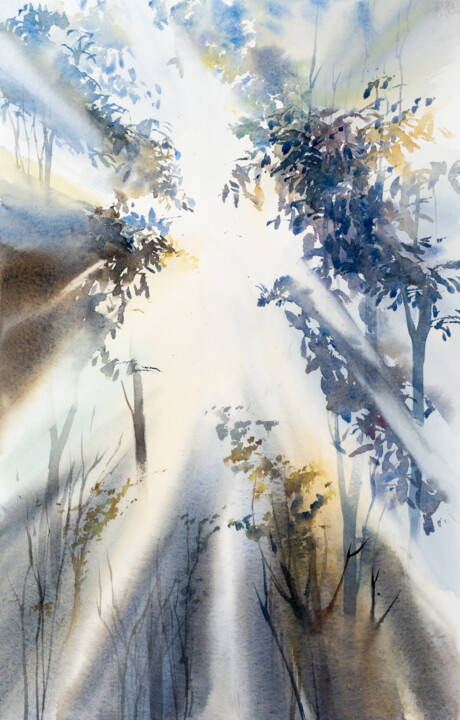 Pintura intitulada "***Forest Light IV*…" por Yuriy Kraft, Obras de arte originais, Aquarela