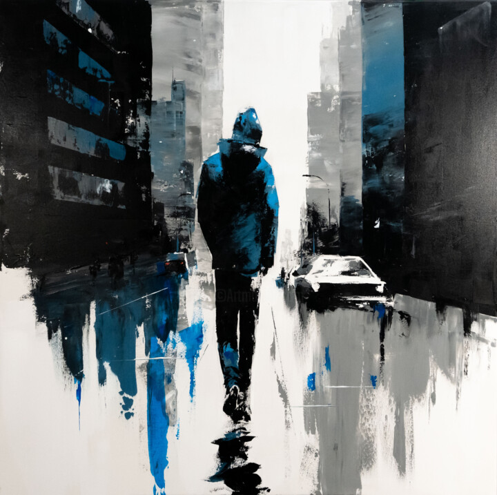 Painting titled ""Urban Wanderer"" by Yuriy Kraft, Original Artwork, Acrylic Mounted on Wood Stretcher frame