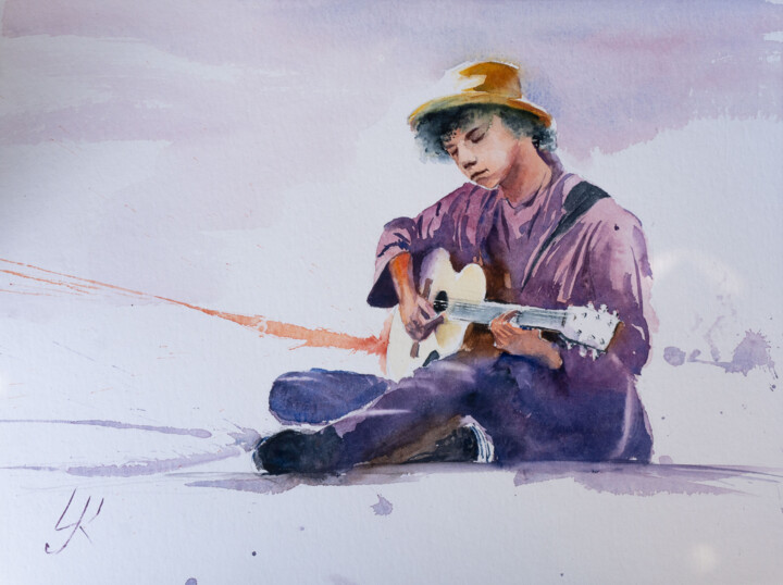 Painting titled ""Street Serenade"" by Yuriy Kraft, Original Artwork, Watercolor