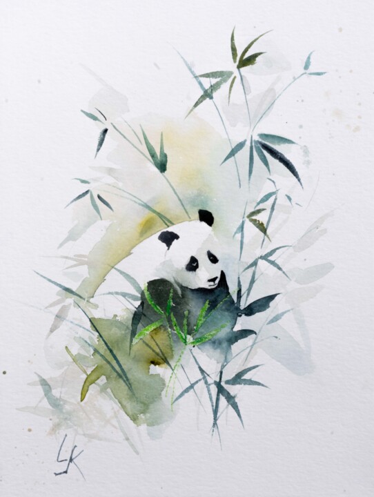 Pittura intitolato ""Graceful Panda: A…" da Yuriy Kraft, Opera d'arte originale, Acquarello