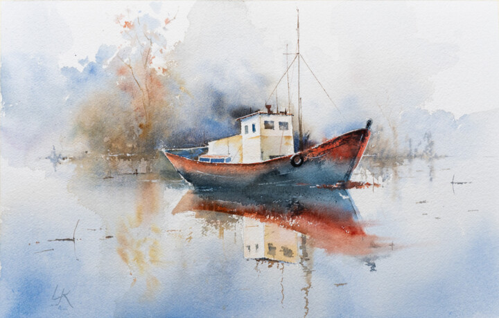 Schilderij getiteld ""Lakeside Serenity:…" door Yuriy Kraft, Origineel Kunstwerk, Aquarel