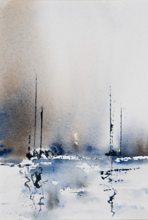 Pintura intitulada ""Harbor Hush: Misty…" por Yuriy Kraft, Obras de arte originais, Aquarela