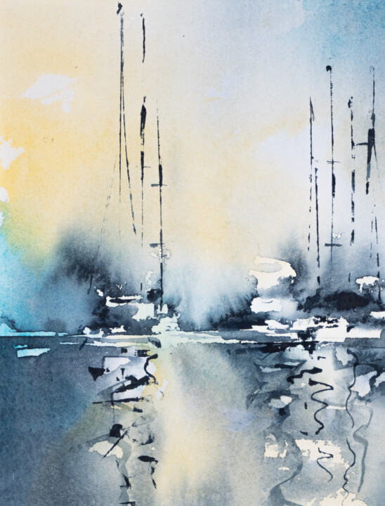 Painting titled ""Sails and Whispers"" by Yuriy Kraft, Original Artwork, Watercolor